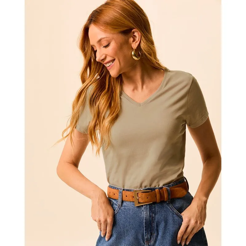 Camiseta Básica Feminina Slim Decote V Em Algodão Bege - XGG