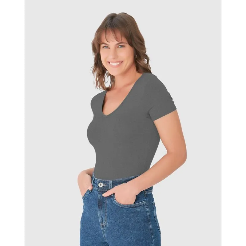 Blusa Básica Feminina Decote V Em Viscose Stretch Cinza Escuro - P