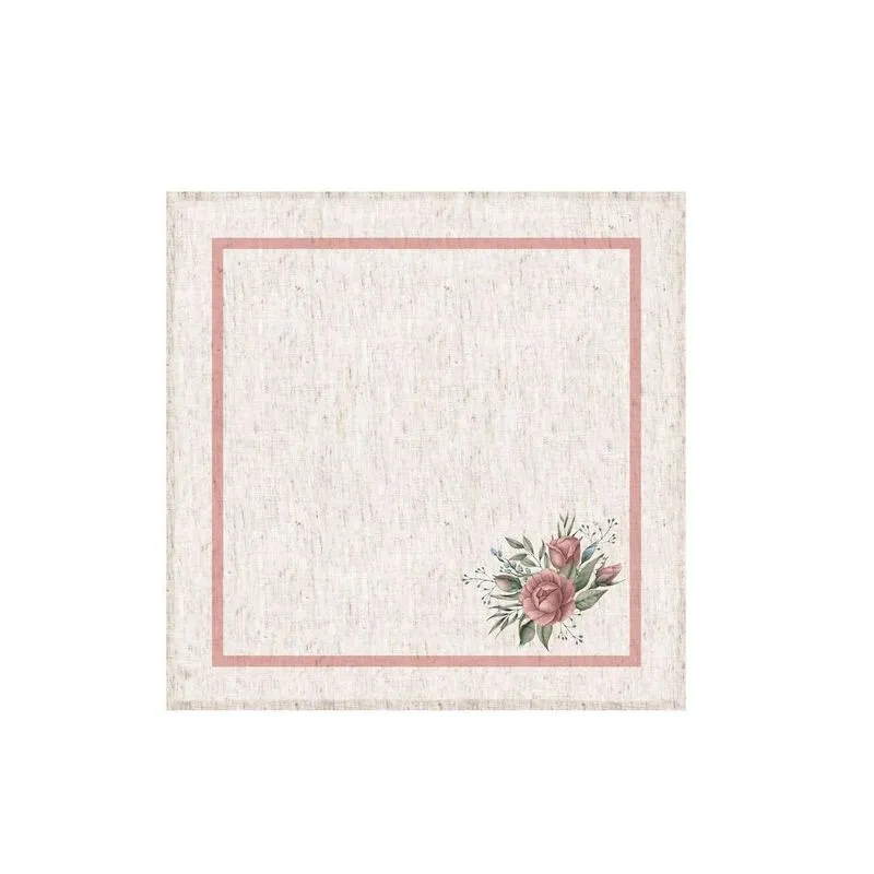 Guardanapo Mesa Linho Decortextil Bege Flor Rosa 45 X 45 Cm