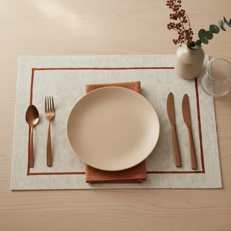 Jogo Americano Retangular Linho Off White Borda Terracota 38x52
