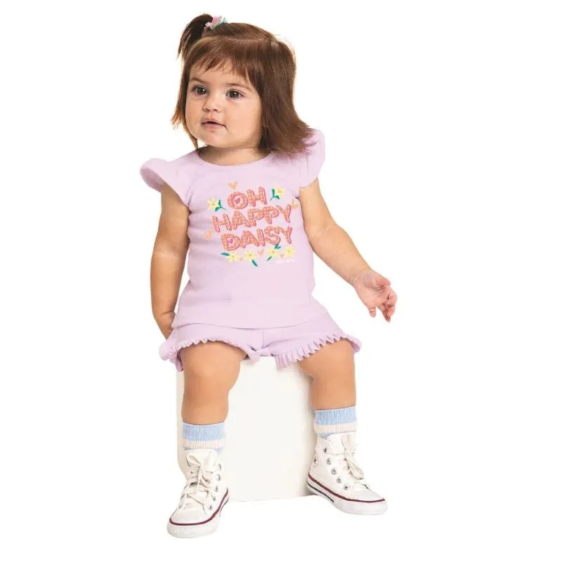 Conjunto Malha Canelada Kiko e Kika Bebê Menina Verão Estampa Escrita PB/GB - 10015-IRIS-PB