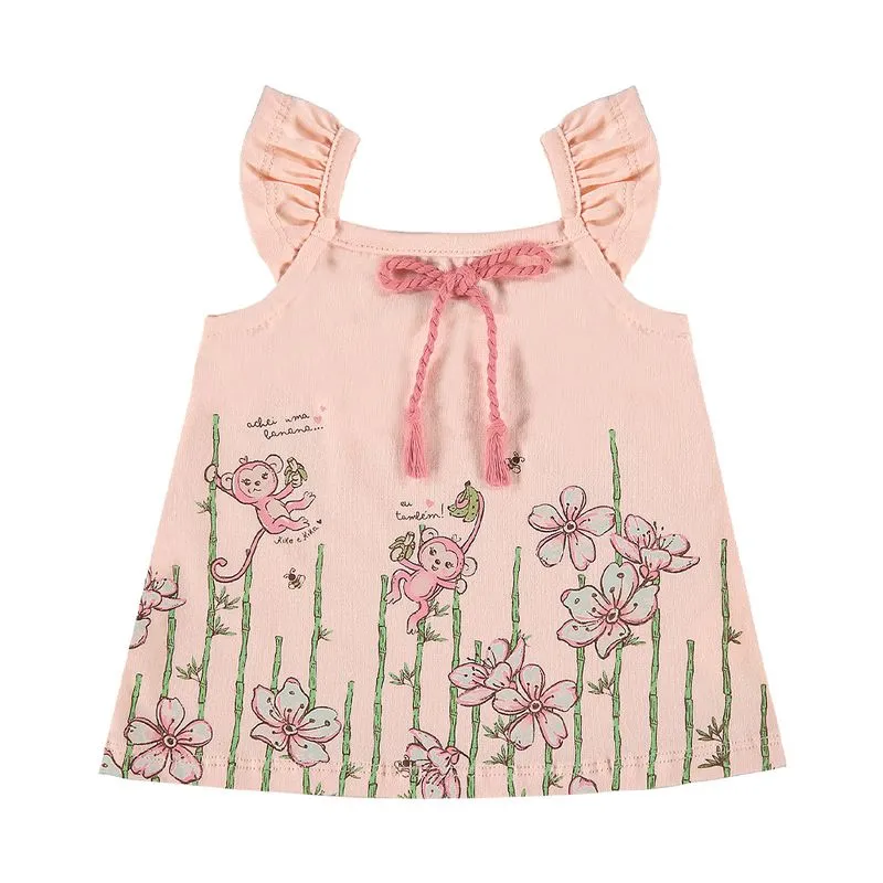 Blusa Kiko e Kika Bebê Menina Verão com Lacinho e Estampa Macaco P/G - 10003-BLUSH-GB