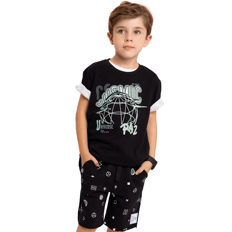 Camiseta Kiko e Kika Juvenil Menino Verão com Estampa Cosmic Universe 12/16 - 10462-PRETO-16