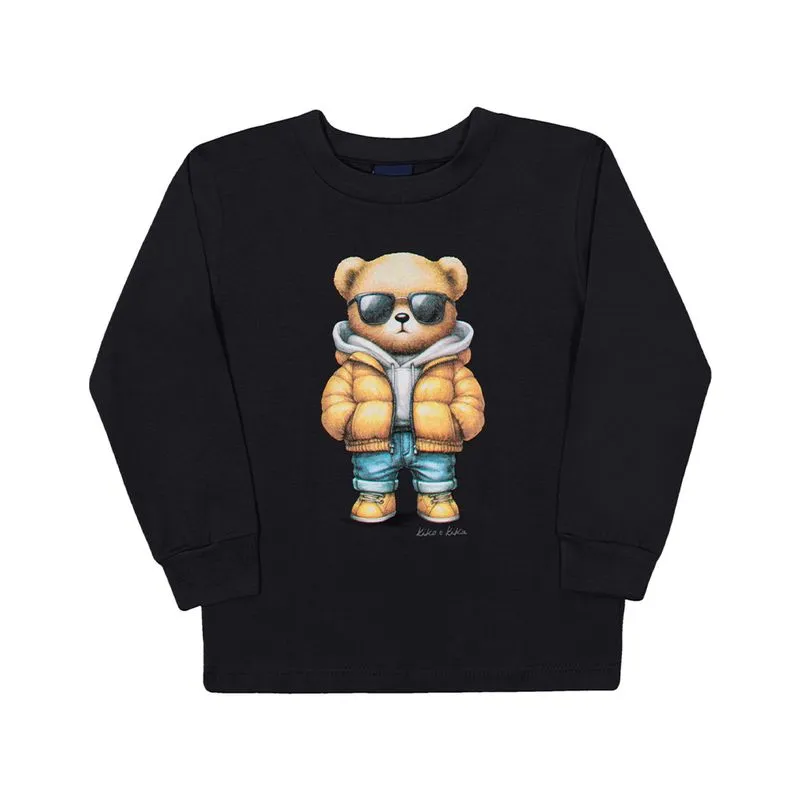 Camiseta Kiko e Kika Infantil Menino Meia Estação com Estampa Urso 1/3 - 13716-PRETO-1