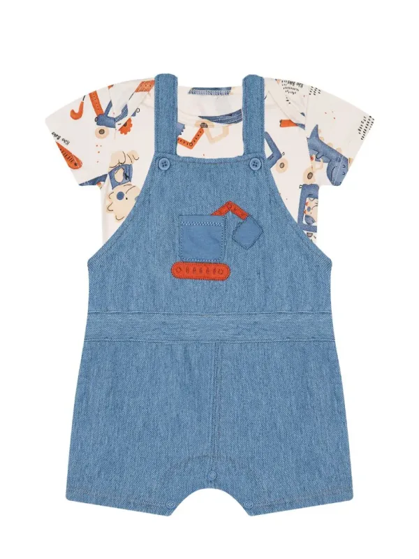 Conjunto Body Manga Curta e Jardineira Dinos e Máquinas Bordada Bebe Menino Kiko Baby