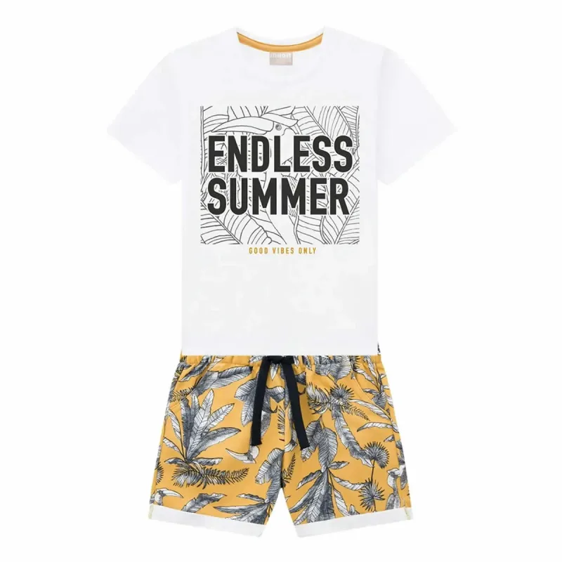 Conjunto Infantil Camiseta Branca Endless Summer e Bermuda Mostarda Milon