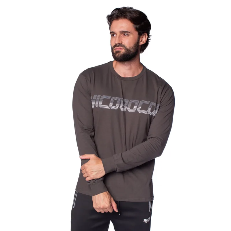 Camiseta Masculina Nicoboco Manga Longa com Estampa Cinza Escuro - P