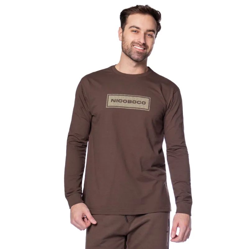 Camiseta Masculina Nicoboco Algodão Manga Longa Marrom - GG
