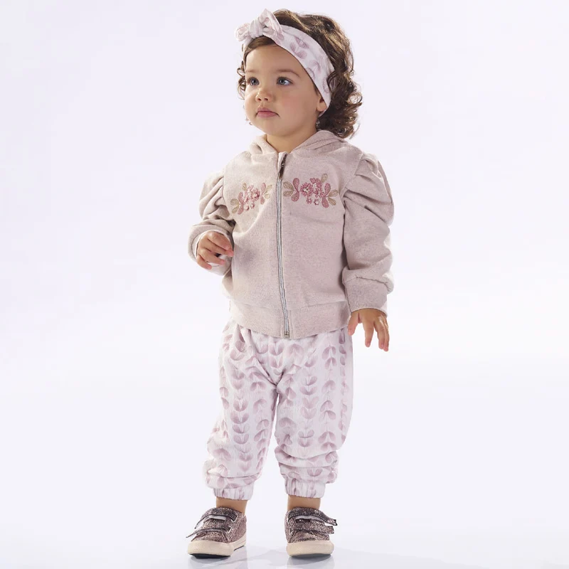 Conjunto Moletom Jaqueta com Capuz Bordada Calça Jogger Kiki Xodó - Feminino P / Menina