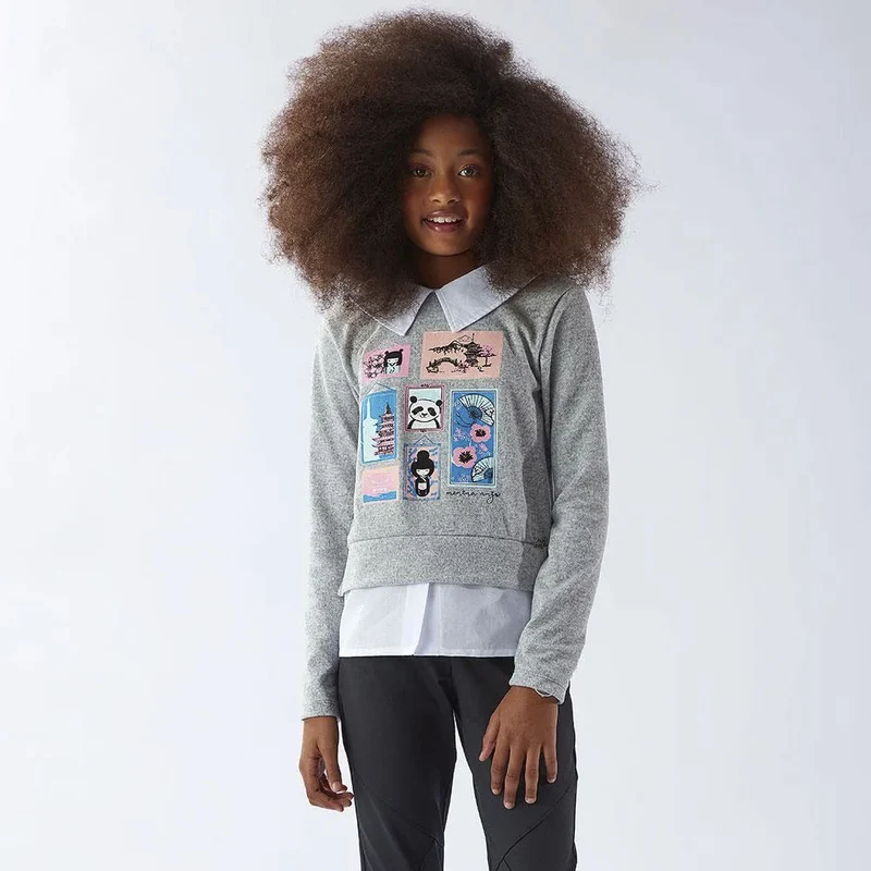 Blusinha Manga Longa Estampada Falsa Camisa Menina Anjo - Feminina 10 / Menina / Grafite