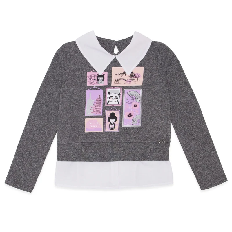 Blusinha Manga Longa Estampada Falsa Camisa Menina Anjo - Feminina 16 / Menina / Grafite