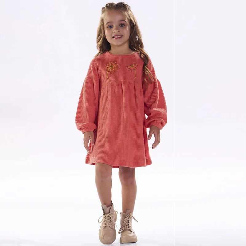 Vestido Manga Longa Tricot Bordado Coral Kiki Xodó - Feminino 01 / Menina