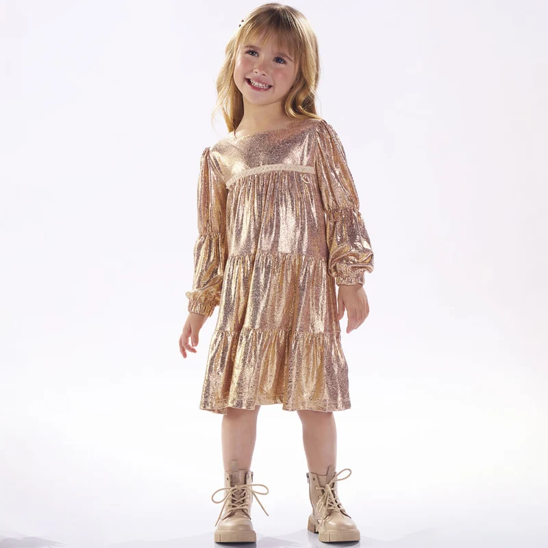 Vestido em Malha Laminada Dourado e Rosa Kiki Xodó - Feminino 03 / Menina
