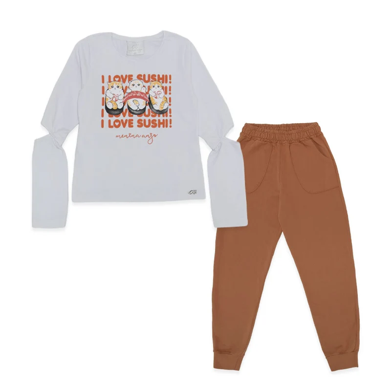 Conjunto Camiseta Manga Longa e Calça Moletom I Love Sushi Menina Anjo - Feminino 14 / Menina