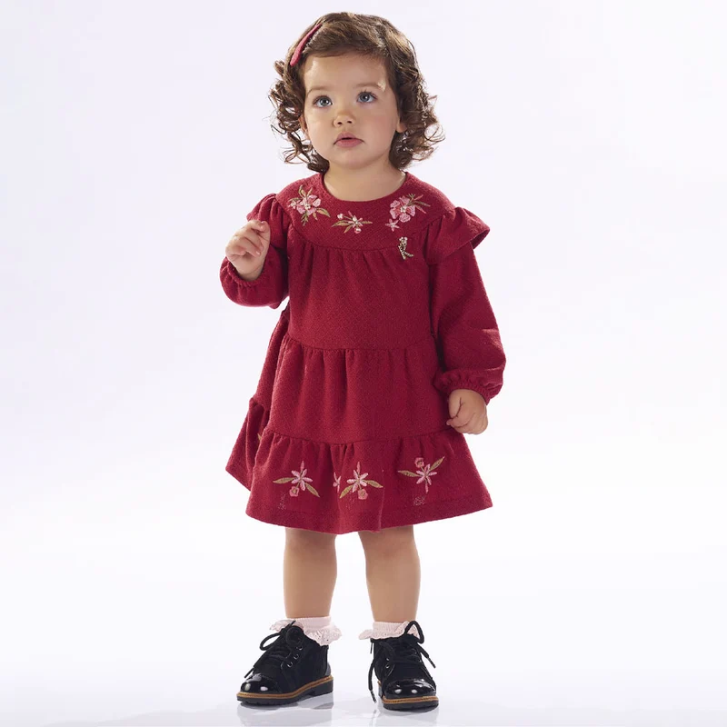 Vestido Manga Longa Tricot Bordado Vermelho Flores Kiki Xodó - Feminino 01 / Menina