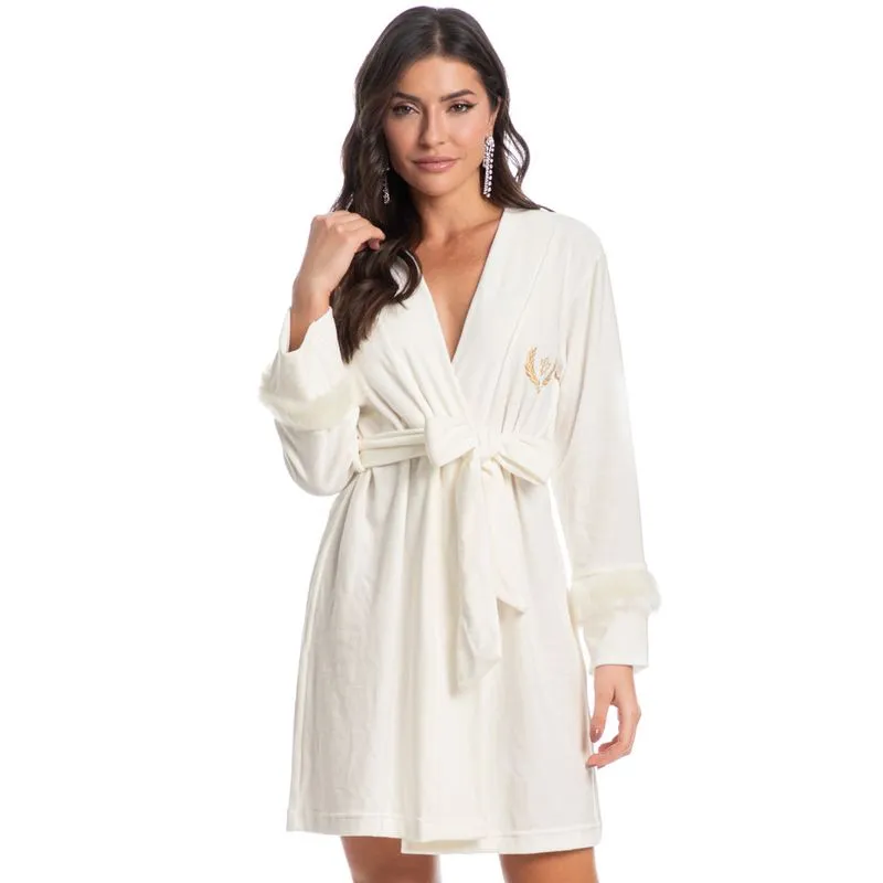 Robe Feminino Em Plush Com Pelo Elegância Branco/P