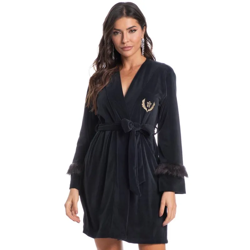 Robe Feminino Em Plush Com Pelo Elegância Preto/P