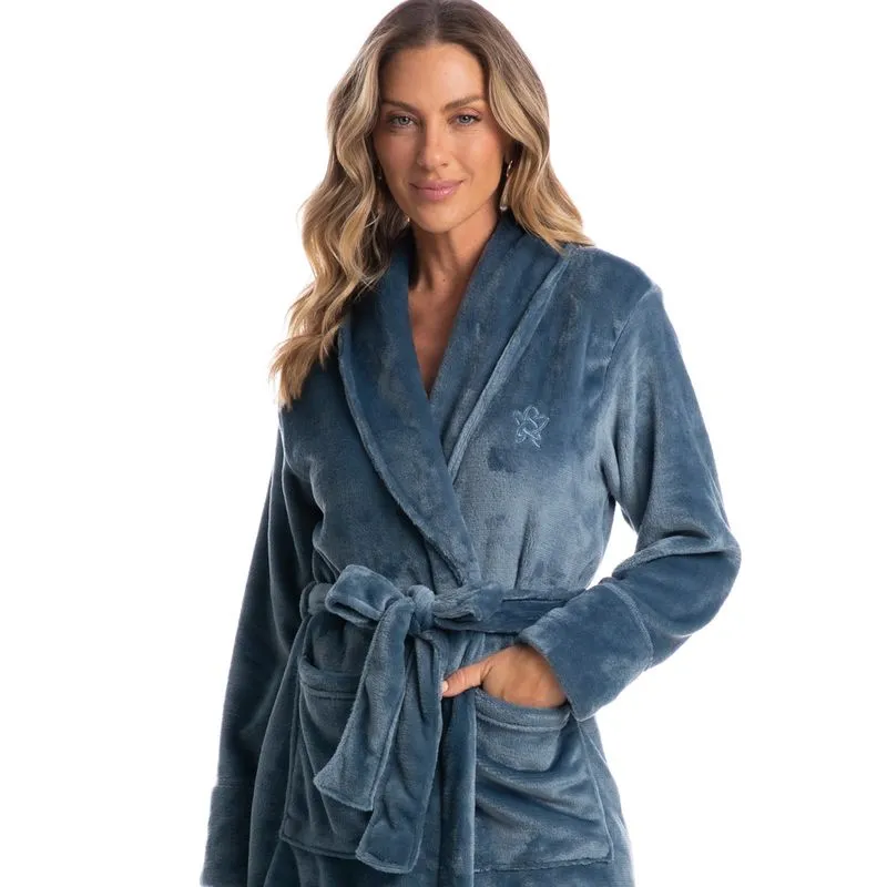 Robe Em Fleece Longo Pétala Azul Marinho/M