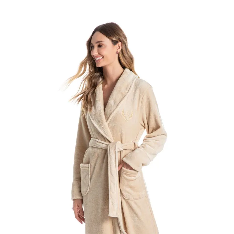 Robe Em Fleece Longo Pétala Bege-T001/EG