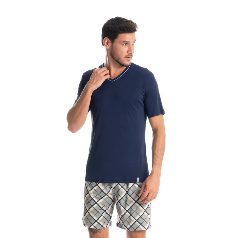 Pijama Masculino Curto Estampado Clóvis Azul Marinho/P