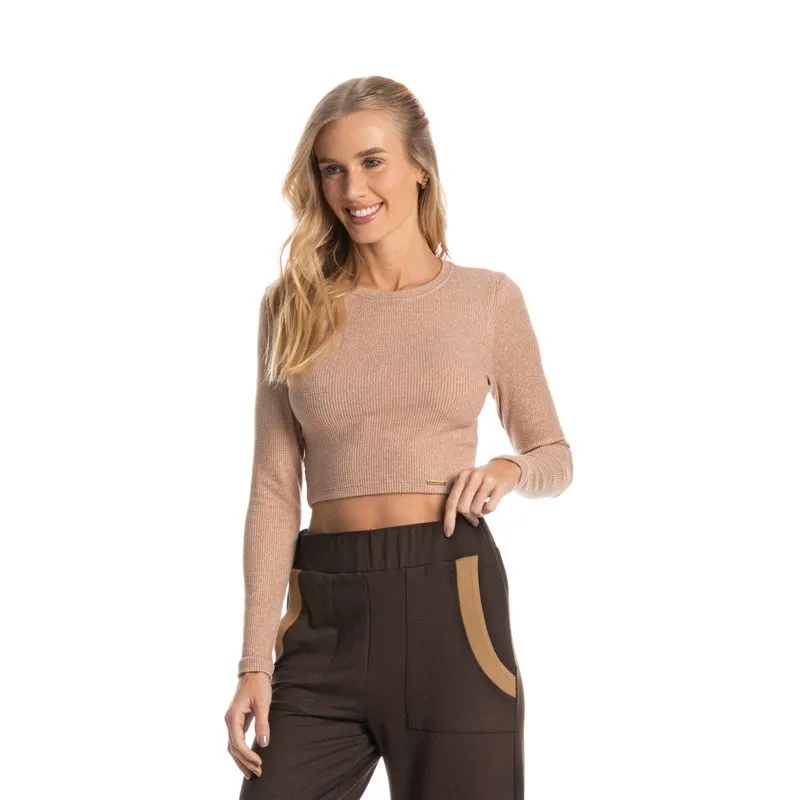 Blusa Feminina Canelada Crop Piza Bege/M