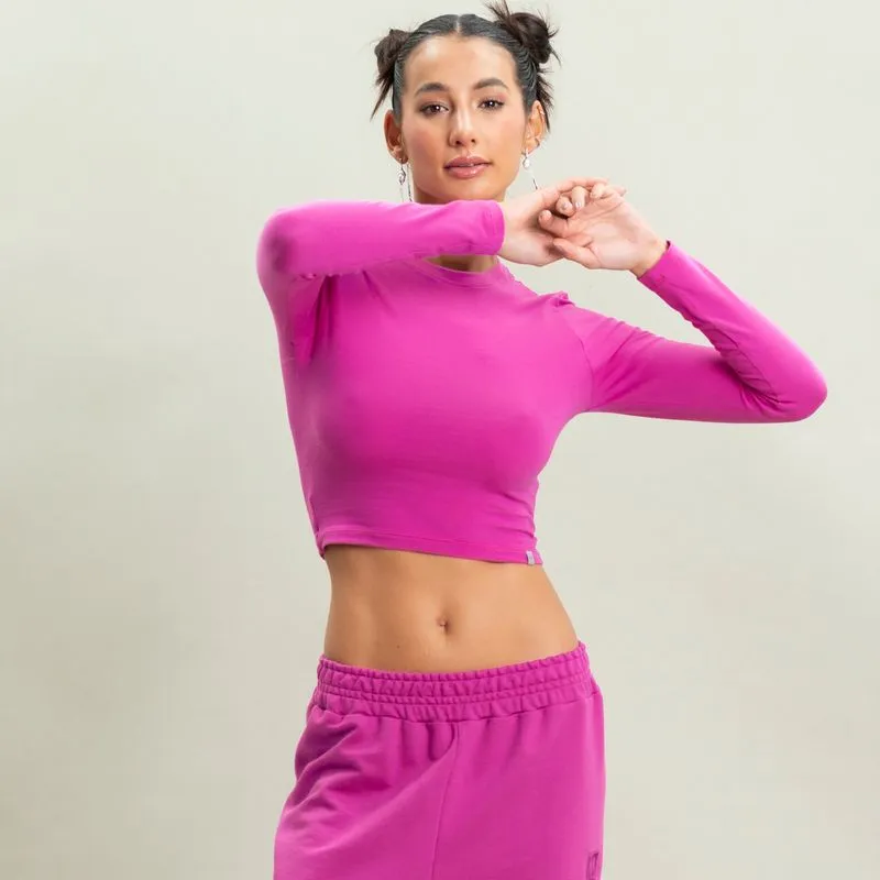 Camiseta Feminina Cropped Manga Longa Kelsey Vivame Rosa-2/G