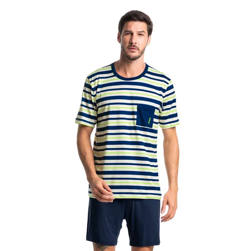 Pijama Masculino Curto Listrado Com Bolso José Tombini Azul Marinho/M