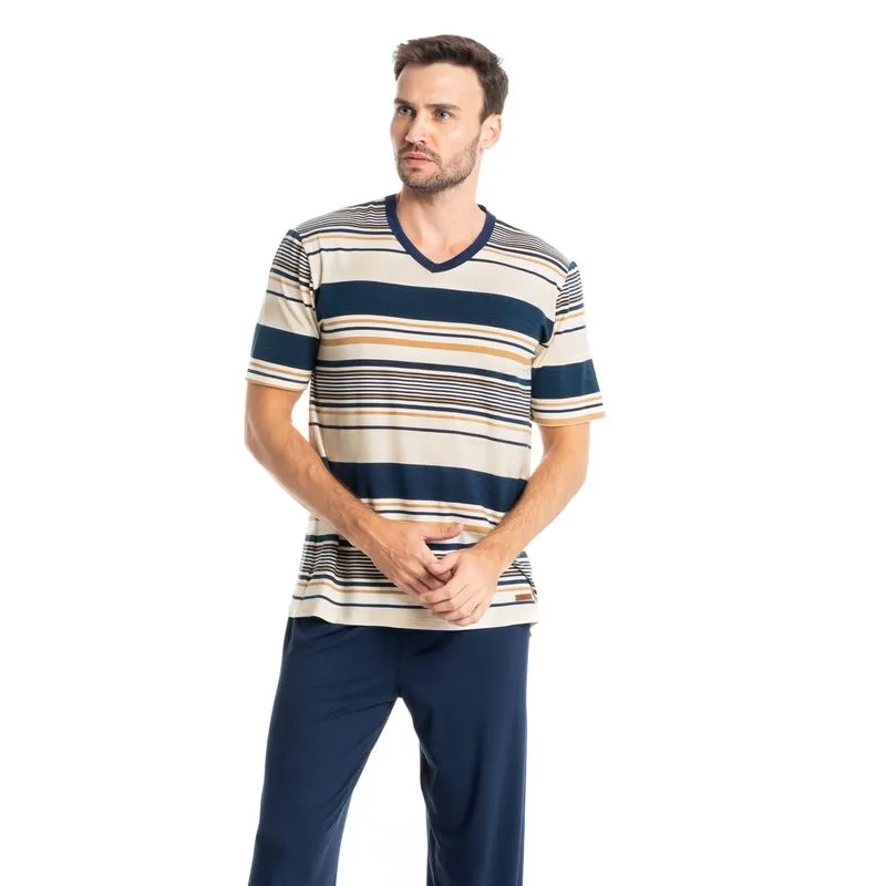 Pijama Masculino Longo Manga Curta Listrado José Tombini Azul Marinho/M