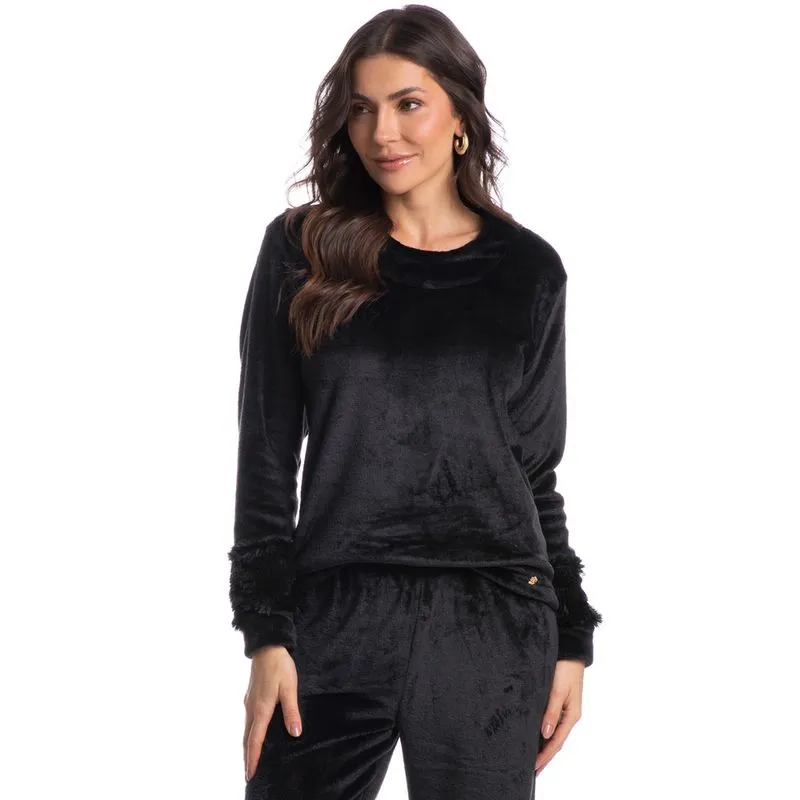 Pijama Feminino Longo Em Fleece Gigi Preto/P