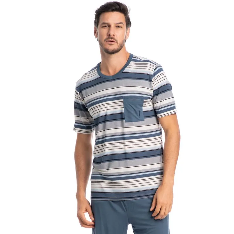 Pijama Masculino Curto Listrado Com Bolso José Tombini Azul/GG