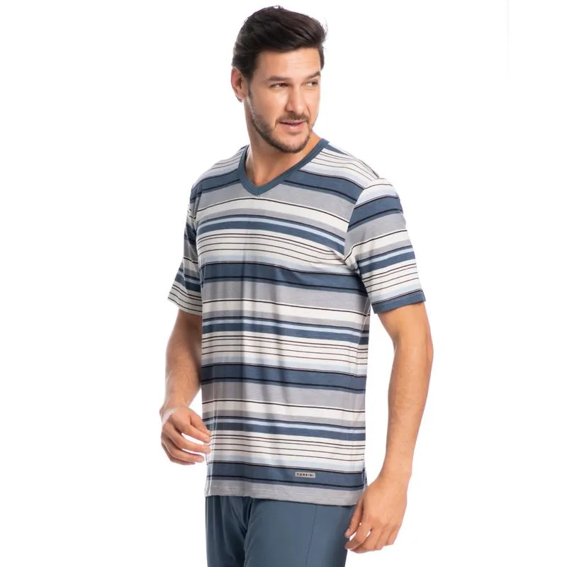 Pijama Masculino Longo Manga Curta Listrado José Tombini Azul/P
