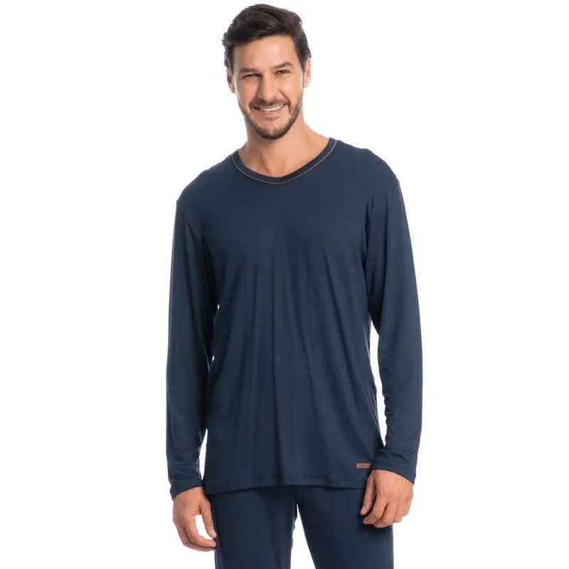 Pijama Masculino Decote V Longo New Romeu Tombini Azul Marinho/G