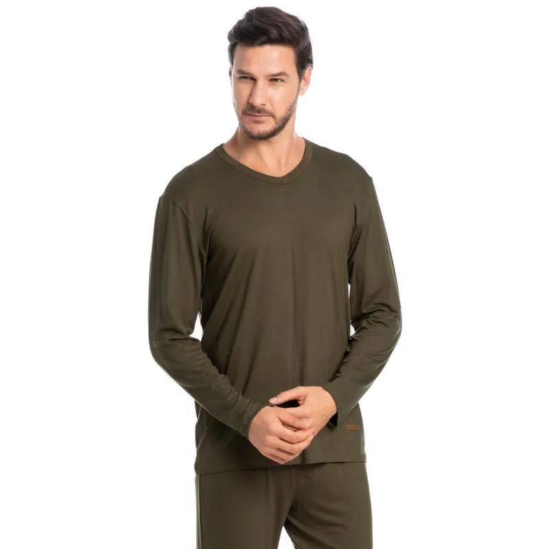Pijama Masculino Decote V Longo New Romeu Tombini Marrom/P