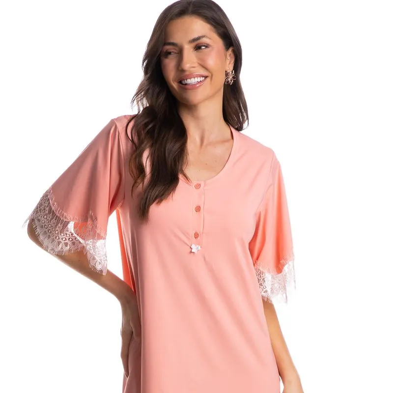 Camisão Curto Com Abertura Com Renda Lana Rosa-3/G