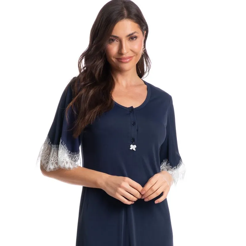 Camisão Curto Com Abertura Com Renda Lana Azul Marinho/G