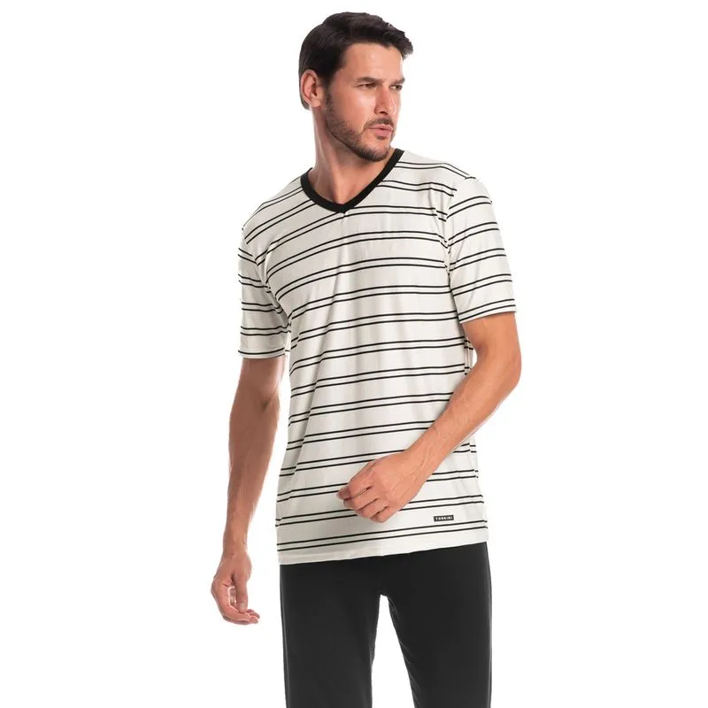 Pijama Masculino Longo Manga Curta Listrado José Tombini Preto/P