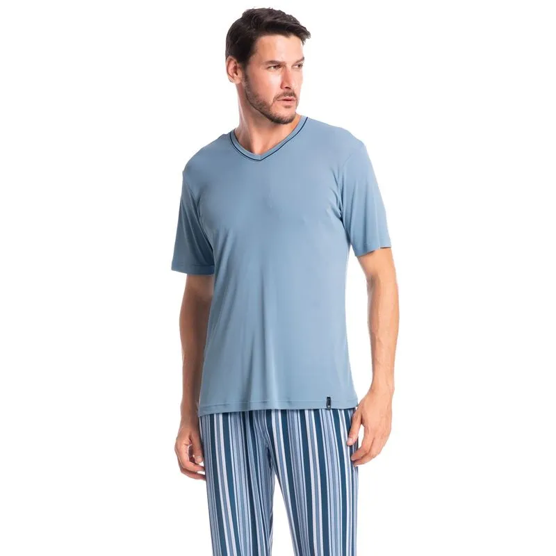 Pijama Masculino Longo Manga Curta Estampado Clóvis Tombini Azul Marinho/G