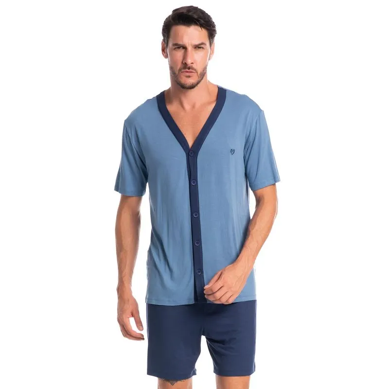 Pijama Masculino Curto Abotoado Romeu Tombini Azul-2/GG