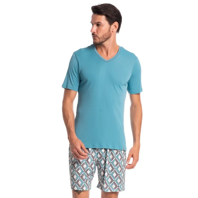 Pijama Masculino Curto Estampado Clóvis Tombini Azul-2/EG