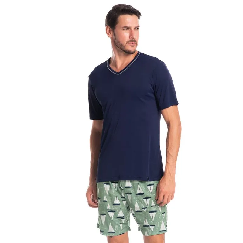 Pijama Masculino Curto Estampado Clóvis Tombini Azul Marinho-3/P