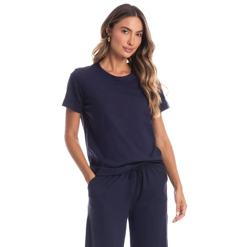 Pijama Feminino Longo Manga Curta Duda Azul Marinho/G
