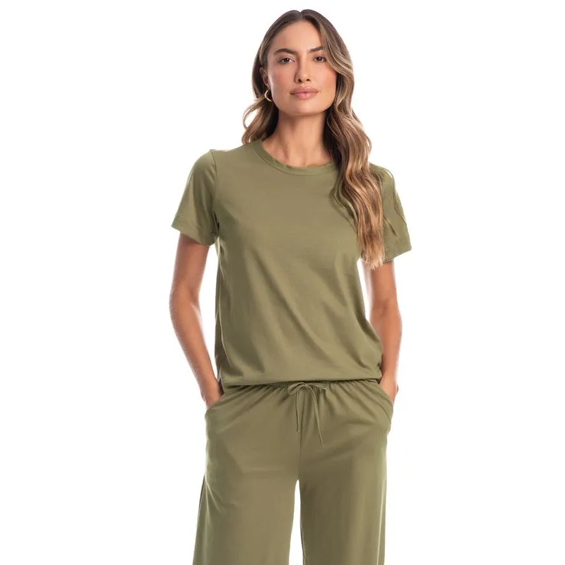 Pijama Feminino Longo Manga Curta Duda Bege/G