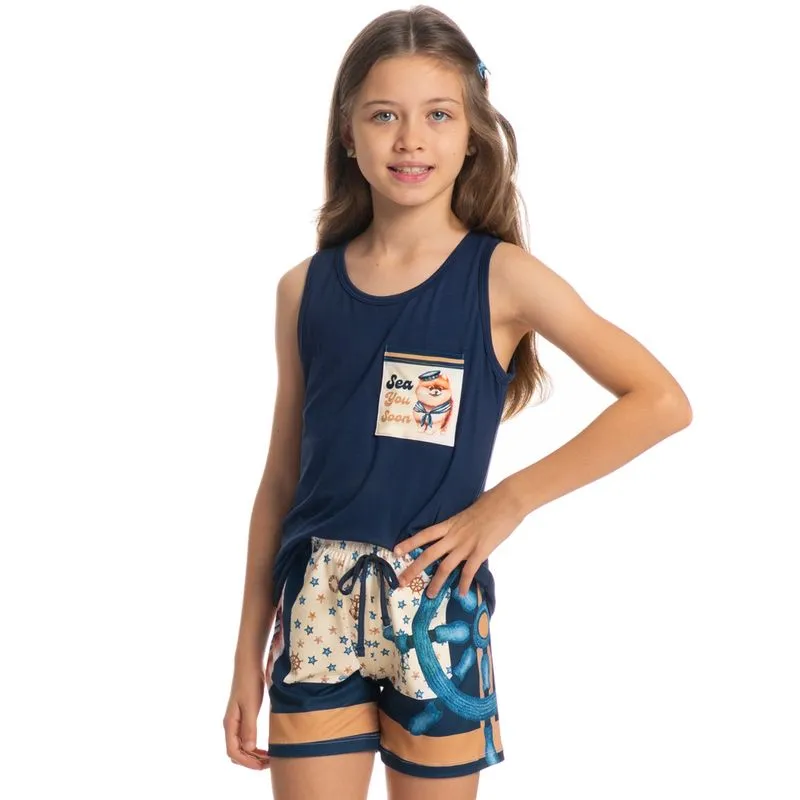 Pijama Infantil Curto Regata Com Bolso Nautical Azul Marinho/04