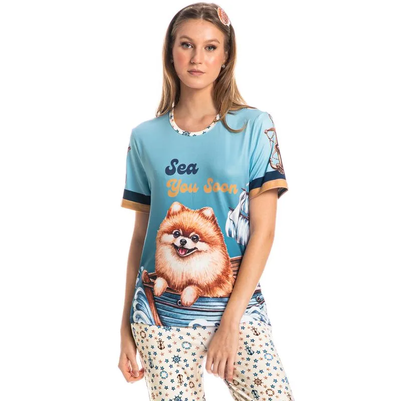 Pijama Feminino Longo Manga Curta Nautical Azul Marinho/P