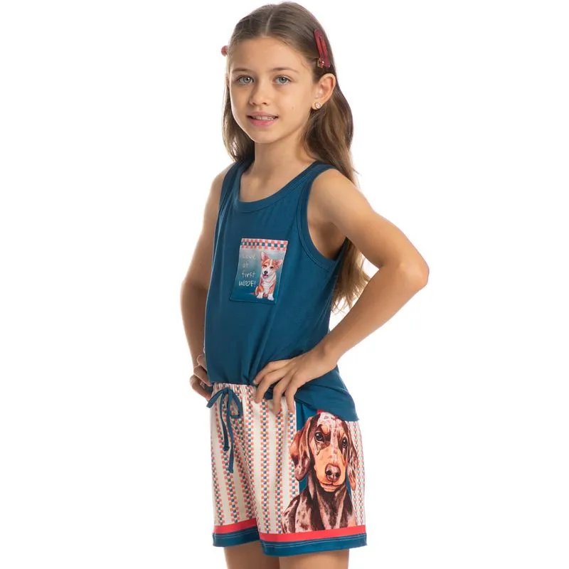 Pijama Infantil Curto Regata Com Bolso Fun Azul Marinho/02