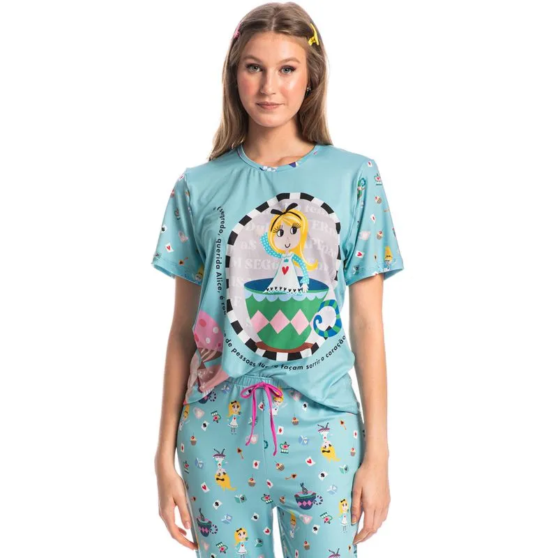 Pijama Feminino Longo Manga Curta Marlowa Azul-2/PP