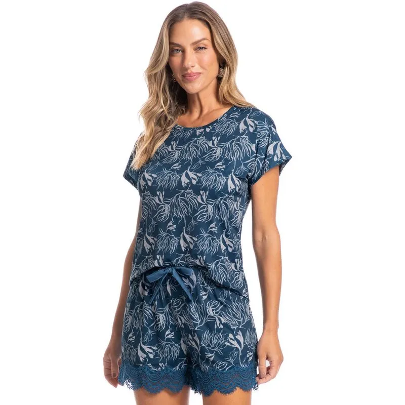 Pijama Feminino Curto Victoria Algas Azul Azul Marinho/GG