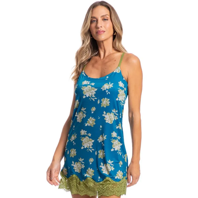 Camisola Curta Com Renda Camila Floral Azul Azul-2/P
