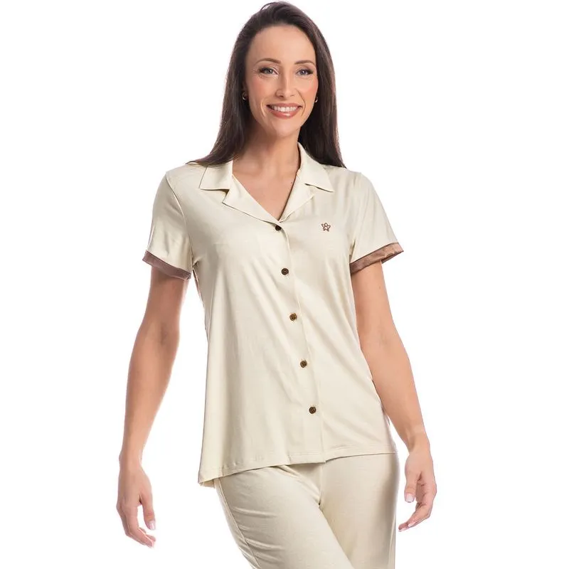 Pijama Feminino Abotoado Wide Leg Bruna Bege/M