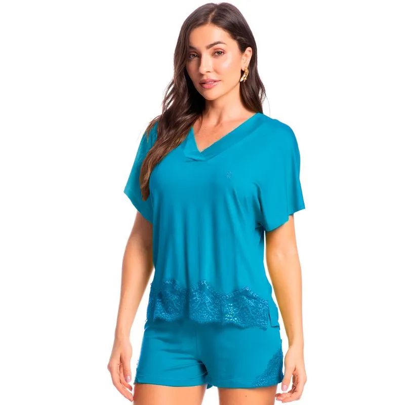 Pijama Feminino Curto Com Renda Rose Azul-2/P